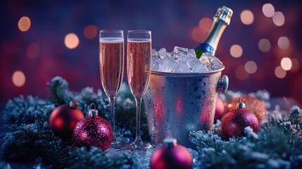 Two champagne glasses filled with bubbly champagne sit next to an ice bucket with a bottle 