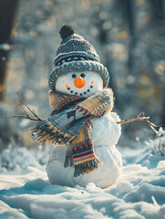 Funny cute snowman in hat and scarf with in winter snow forest. Forest background, daylight, focus on the snowman