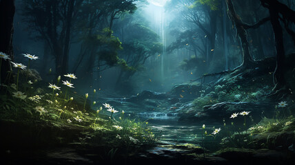 Wall Mural - a night dream in a misty fabulous green forest art landscape