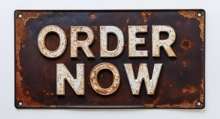 Order now lettering on antique rugged rusty metal sign on plain white background