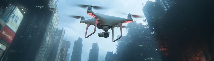 Poster - A drone flying above a futuristic cityscape, showcasing technology in an urban environment.