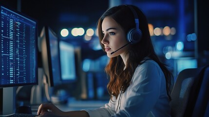Poster - Focused Professional Using Headset at Computer Desk