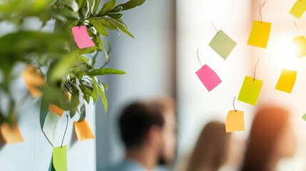 Poster - a group of colleagues in casual attire brainstorm ideas, using a whiteboard and colorful sticky note