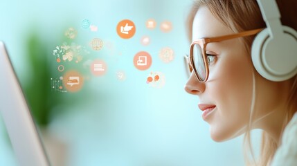 Poster - an office worker adjusts their headset and participates in a lively virtual team meeting with collea