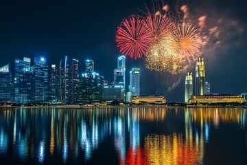 Colorful fireworks illuminate the skyline of a vibrant city at night during a festive celebration over the calm waters