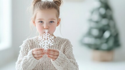 A girl holding a snowflake ornament, showcasing the joy of winter and the holiday season in a cozy indoor setting.