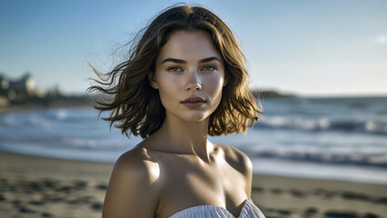 Wall Mural - woman on the beach in Casual Elegance by the Sea