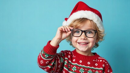 Happy little boy in santa's hat and christmas sweater holding eyeglasses, on a blue background. Christmas ophtalmologist background. christmas opthalmologyical concept. christmas medical concept