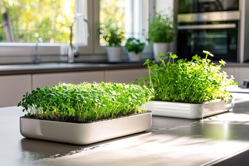 Poster - Fresh microgreens thrive in trays on a kitchen countertop, enjoying sunlight while surrounded by vibrant herbs in pots. Generative AI