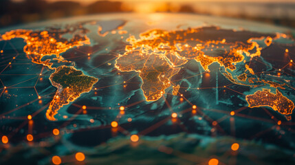 Poster - Global Social Networking Connections Concept on World Map at Sunset, Mixed Media Illustration Highlighting Digital Communication and Worldwide Connectivity