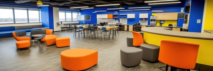 Wall Mural - Modern workspace featuring colorful furniture and collaborative areas for teamwork and creativity.