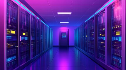Poster - A futuristic server room illuminated with purple and blue lighting, showcasing rows of data storage cabinets.