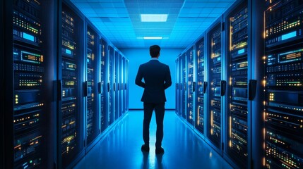 Poster - A person in a suit stands in a server room, illuminated by blue lights, suggesting a high-tech environment.