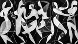 modern abstract art dance of figures and silhouettes on a black background