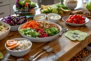 Poster - A beautifully arranged wooden table displays an array of fresh fruits, crunchy vegetables, and wholesome meals perfect for healthy eating. Generative AI