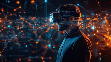 Poster - A tech-savvy man wearing VR goggles, immersed in a digital environment with interconnected global network nodes and data streams surrounding him