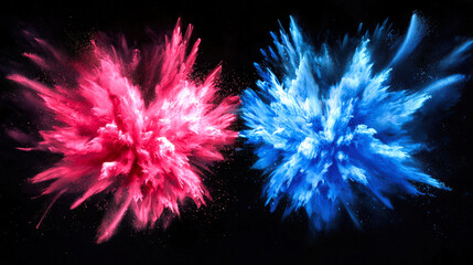 Two colorful colorful explosions in the air, one red, the other blue. The explosions are surrounded by a dark background. Background for the design. Stylish backdrop