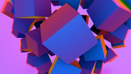 Poster - Abstract floating cubes with vibrant colors on a pink background..