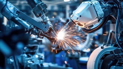 Canvas Print - Robotic Arms Welding with Sparks in Industrial Setting