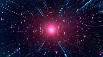 Poster - Abstract digital tunnel with pink and blue glowing lines radiating from a bright white light at the end.