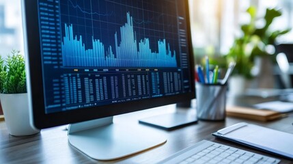  - A computer displaying data analytics on a desk, surrounded by office supplies and greenery.