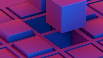 Aufkleber - Abstract composition with blue and pink cubes and grid structure..