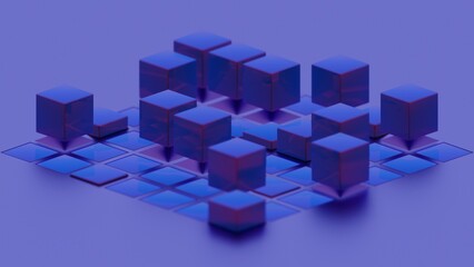 Fototapete - Abstract geometric composition with blue cubes and grid pattern..
