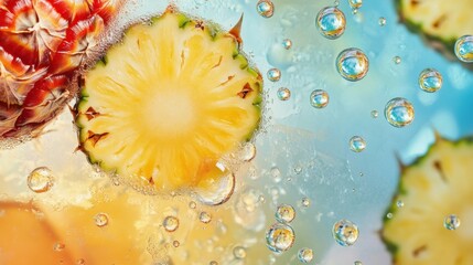 Poster - A creative abstract featuring oil droplets on water with pineapple slices, blending tropical elements with vibrant colors and textures.