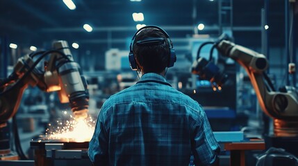 Poster - Worker in Industrial Setting with Robotic Arms