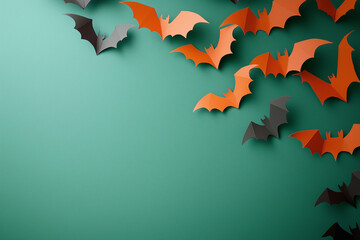 Halloween background with orange and black paper bats on a pastel green  surface, flat lay top view with space for text.Flat lay.Minimal creative holiday concept 