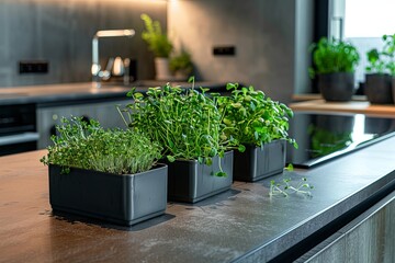 Poster - Fresh microgreens are displayed in sleek planters on a kitchen countertop, illuminated by warm overhead lighting in a stylish home. Generative AI