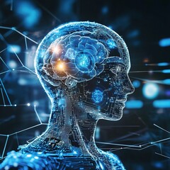 Poster - Human Brain Concept with Digital Lines and Data Visualization