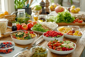 Poster - Various bowls of fresh fruits, vegetables, and balanced meals are artistically displayed on a wooden table during daylight. Generative AI