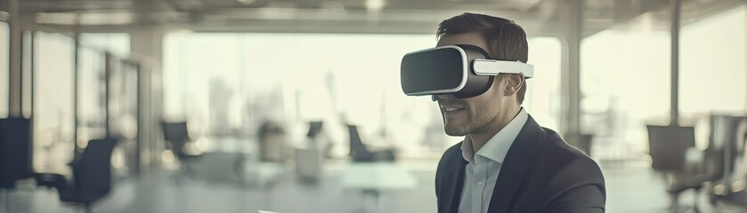 Poster - A man wearing a VR headset, engaged in an immersive virtual experience in an office setting.