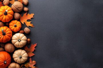 Canvas Print - Autumn arrangement with small pumpkins, walnuts, and colorful fall leaves on a dark background with copy space.