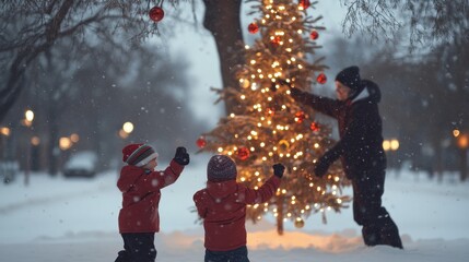 A snowy scene with a family decorating a Christmas tree, creating a festive atmosphere in a winter park.