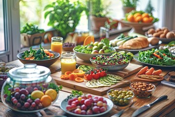 Poster - A wooden table showcases a vibrant selection of healthy foods, including fruits, vegetables, nuts, and prepared meals, in a bright kitchen. Generative AI
