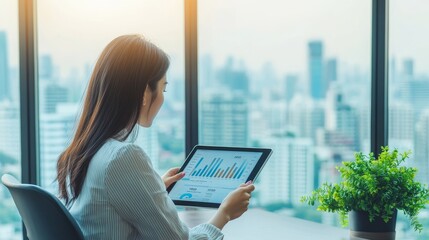 Poster - A woman analyzes data on a tablet while overlooking a city skyline from a modern office.