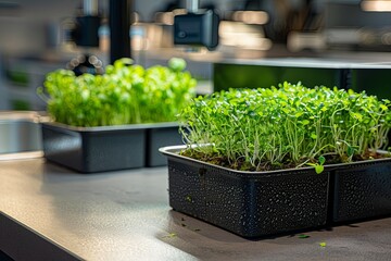 Poster - Freshly harvested microgreens thrive in trays on a well-lit kitchen countertop, highlighting the benefits of home gardening and nutrition. Generative AI