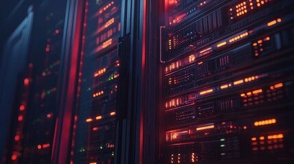 Poster - A close-up of a modern server room with illuminated panels, showcasing advanced technology and data storage.