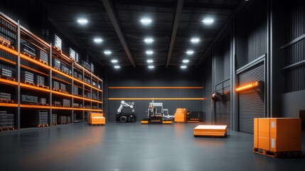 A modern industrial warehouse featuring robotic equipment and organized storage, emphasizing efficiency and technology.