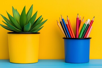 Poster - Two blue and yellow flower pots with pencils in them. The blue pot is on the right. Do not disturb note on colorful desk background
