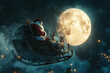 © Vovmar - Santa in a sleigh pulled by reindeer in the night sky with a huge moon in the background. Christmas banner.