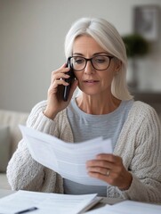 Wall Mural - middle aged woman working from home office making phone call checking document. Mature older lady having mobile conversation talking on the phone while hoding paper calling customer support service.