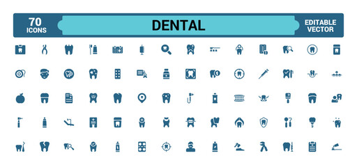 Dental solid icon set. Related to tooth, dentist, toothpaste and more. Glyph icon collection for web and ui. Filled icons pack, Vector illustration. Editable and pixel perfect.