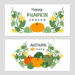 Wall Mural - autumn greeting cards with a quote and pumpkin patch on a white background. perfect for thanksgiving