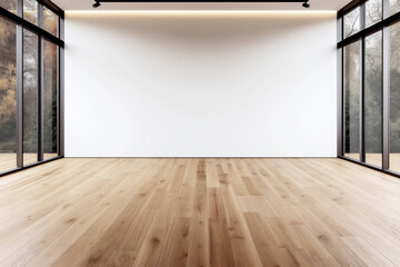 Wall Mural - Modern empty room with large windows, white walls, and natural wood flooring. The room features floor-to-ceiling glass panels with a view of trees outside.