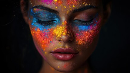 Close-up of woman's face covered in vibrant, colorful powder with eyes closed, creating a striking and artistic portrait on a dark background.