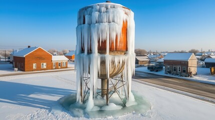 Poster - A large orange water tower with icicles hanging from it in a snowy rural area with houses and a road in the background under a clear blue sky.