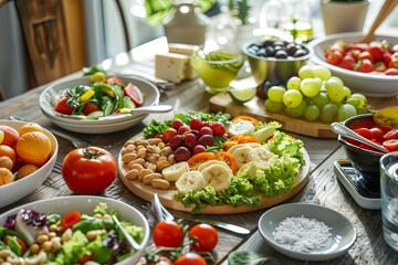 Aufkleber - A vibrant assortment of fresh fruits, vegetables, nuts, and balanced meals is arranged on a wooden table promoting healthy eating. Generative AI